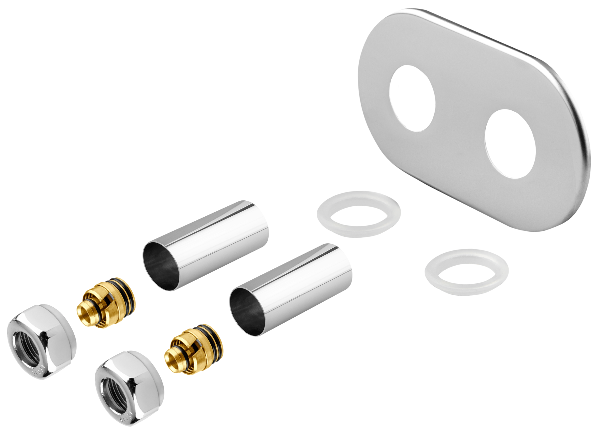 Vario Term — Маскувальний набір з заокругленою накладкою + гайки PEX (16x2) x GW 3/4" — зразок у хромі